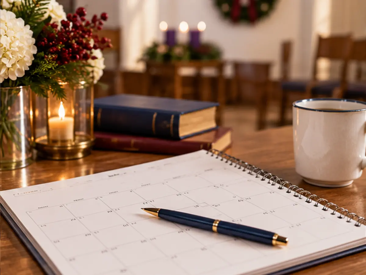 A church calendar and planning materials on a table