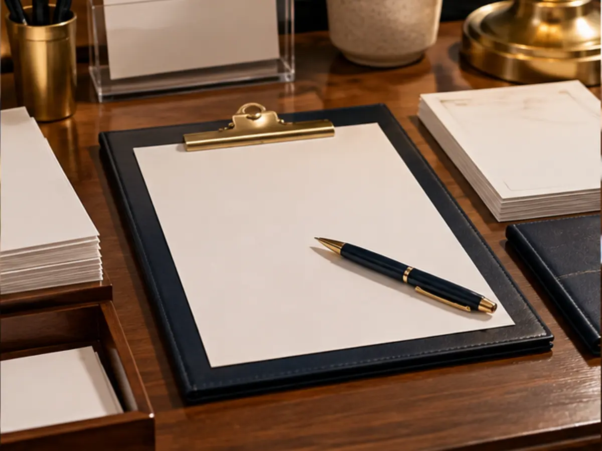 Church forms arranged neatly with a clipboard and pen