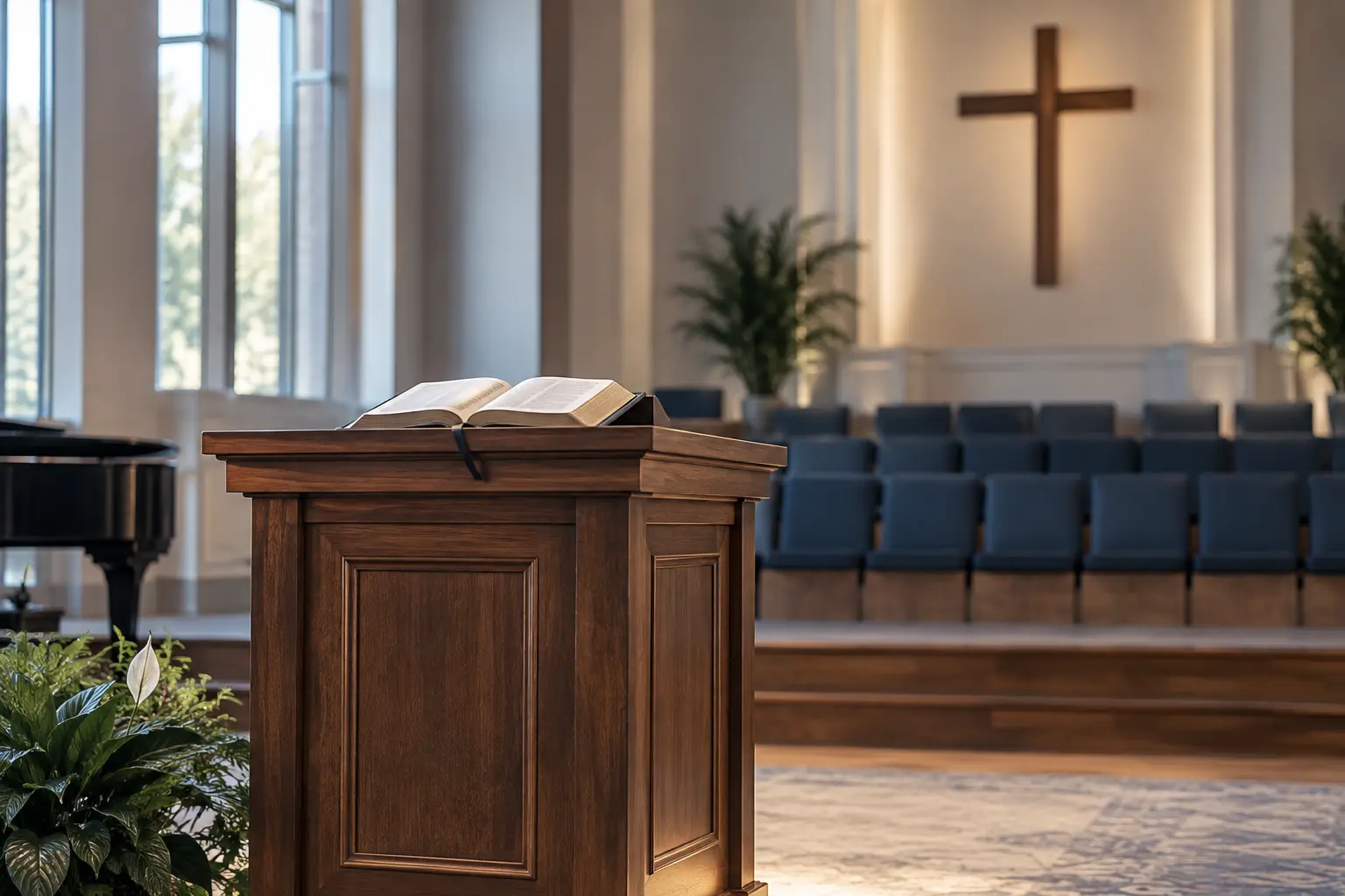 A church pulpit with an open Bible prepared for preaching