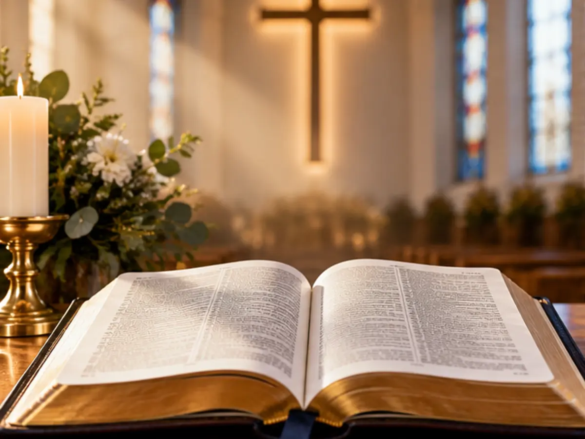 An open Bible in a softly lit church sanctuary